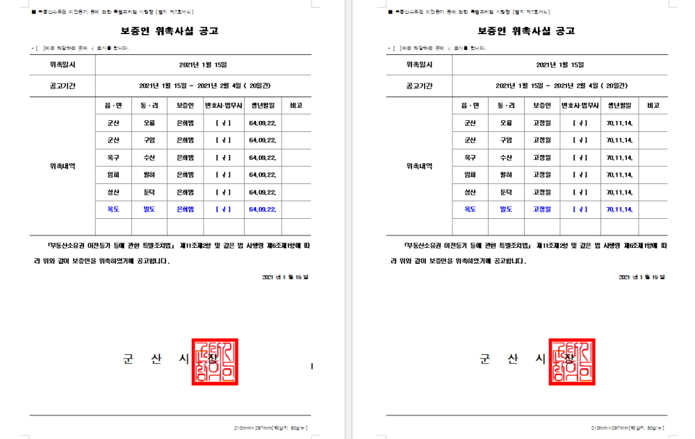 특별조치법말도리전문보증인위촉사실공고문