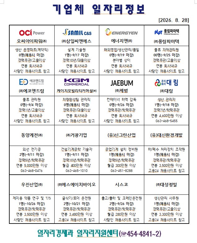기업체일자리정보(8.28.)