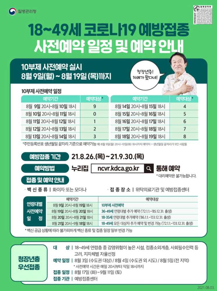 18~49세코로나19예방접종사전예약일정및예약안내