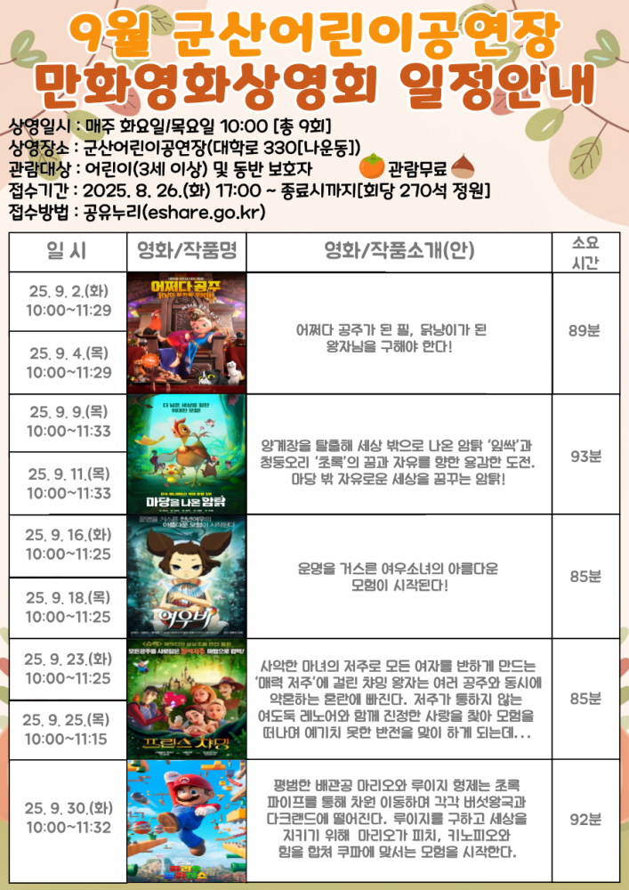 9월군산어린이공연장어린이만화영화상영일정표
