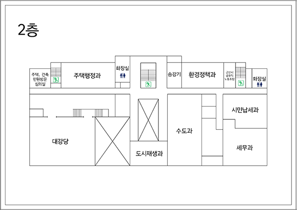 2층: 승강기를 중심으로 좌측부터 시계방향으로 환경정책과, 군산시공무직노동조합, 화장실, 시민납세과, 세무과, 수도과, 도시재생과, 대강당, 주택,건축민원방문 심의실, 주택행정과, 화장실이 위치한다.