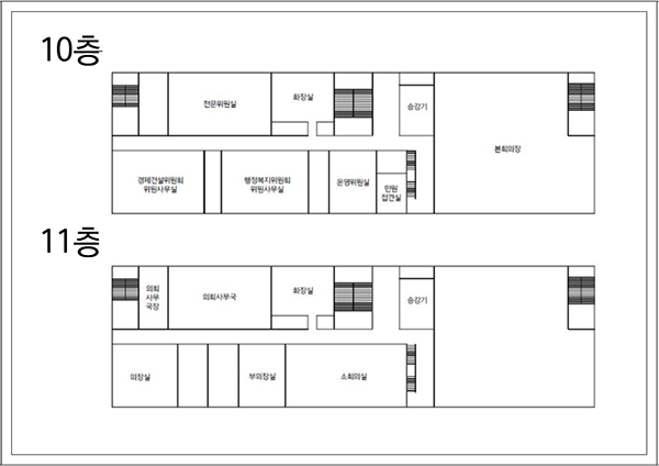 10층: 승강기를 중심으로 좌측부터 시계방향으로 본회의장, 운영위원회위원실, 민원접견실, 행정복지위원회 위원사무실, 경제건설위원회 위원사무실, 전문위원실, 화장실이 위치한다. 11층:승강기를 중심으로 좌측부터 시계방향으로 소회의실, 부의장실, 의장실, 의회사무국장, 의회사무국, 화장실이 위치한다.