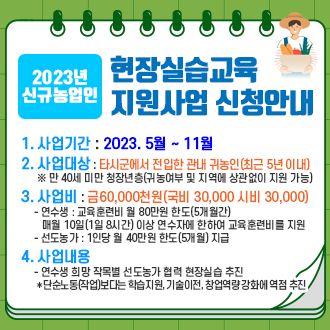 2023년 신규농업인 현장실습교육 지원사업 안내
1. 사업기간 : 2023. 5월 ~ 11월
2. 사업대상 : 타시군에서 전입한 관내 귀농인(최근 5년 이내)
※ 만 40세 미만 청장년층(귀농여부 및 지역에 상관없이 지원 가능)
3. 사 업 비 : 금60,000천원(국비 30,000 시비 30,000)
- 연수생 : 교육훈련비 월 80만원 한도(5개월간)
매월 10일(1일 8시간) 이상 연수자에 한하여 교육훈련비를 지원
- 선도농가 : 1인당 월 40만원 한도(5개월) 지급
4. 사업내용
- 연수생 희망 작목별 선도농가 협력 현장실습 추진
* 단순노동(작업)보다는 학습지원, 기술이전, 창업역량 강화에 역점 추진