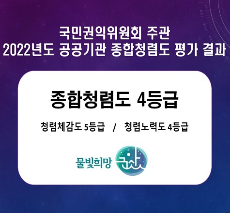 국민권익위원회 주관
2022년도 공공기관 종합청렴도 평가 결과
◉ 종합청렴도 : 4등급
◉ 청렴체감도 : 5등급
◉ 청렴노력도 : 4등급