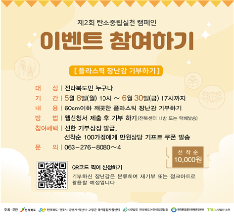제2회 탄소중립실천 캠페인
이벤트 참여하기
[플라스틱 장난감 기부하기]
대상 전라북도민 누구나
기간 5월 8일(월) 10시~ 6월 30일(금) 17시까지
내용 60cm이하 깨끗한 플라스틱 장난감 기부하기
방법 웹신청서 제출 후 기부 하기 (전북센터 내방 또는 택배발송)
참여혜택 선한 기부상장 발급, 선착순 100가정에게 만원상당 기프트 쿠폰 발송
문의 063-276-8080~4
선착순
10,000원
QR코드 찍어 신청하기
기부하신 장난감은 분류하여 재기부 또는 정크아트로 활용할 예정입니다.