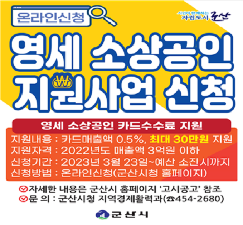 (온라인신청) 영세 소상공인 지원사업 신청

&lt;영세 소상공인 카드수수료 지원&gt;
-지원내용 : 카드매출액 0.5%, 최대 30만원 지원
- 지원자격 : 2022년도 매출액 3억원 이하 소상공인
- 신청기간 : 2023년 3월 23일 ~ 예산 소진시까지
- 신청방법 : 온라인신청(군산시청 홈페이지)

※ 자세한 내용은 군산시 홈페이지 &lsquo;고시공고&rsquo; 참조
※ 문의 : 군산시청 지역경제활력과(454-2680)