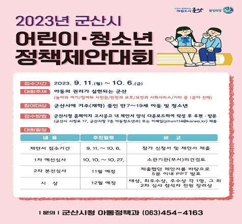 2023년 군산시 어린이&middot;청소년 정책제안대회 공고

  접수기간: 2023. 9. 11.(월) ~ 10. 6.(금)
  대    상: 군산시 거주하는 만 7~19세 아동&middot;청소년
  주    제: ｢아동의 권리가 실현되는 군산｣
  제안분야: ｢놀이와 여가｣, ｢참여와 시민권｣, ｢안전과 보호｣,｢보건과 사회서비스｣, ｢기타｣ 중 1개 분야 정책제안
  접수방법: 우편 및 방문접수(군산시 시청로 17, 7층 아동정책과)이메일접수(jihun114@korea.kr)
  제출서류: 공고문 참고
  문    의: 군산시 아동정책과(☎063-454-4163)