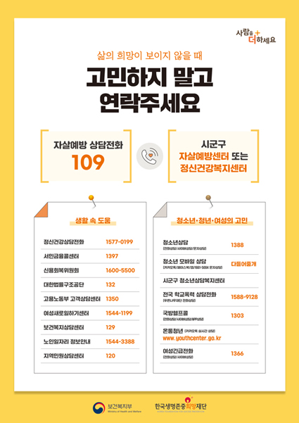 삶의 희망이 보이지 않을 때
고민하지 말고 연락주세요

자살예방상담전화 109 / 시군구 자살예방센터 또는 정신건강복지센터

생활 속 도움 - 정신건강상담전화 1577-0199 / 서민금융콜센터 1397 / 신용회복위원회 1600-5500 / 대한법률구조단 132 / 고용노동부 고객상담센터 1350 / 여성새로일하기센터 1544-1199 / 보건복지상담센터 129 / 노인일자리 정보안내 1544-3388 / 지역민원상담센터 120

청소년&middot;청년&middot;여성의 고민 - 청소년상담(전화상담/사이버상담/문자상담) 1388 / 시군구 청소년상담복지센터 / 청소년 모바일 상담(카카오톡/페이스북/앱/1661-5004 문자상담) 다들어줄개 / 국방헬프콜(장병 및 가족/입대 예정자/민간인 군 관련 고충상담) 1303 / 온라인 청년센터(카카오톡 실시간 상담) www.youthcenter.go.kr / 여성긴급전화(전화상담/사이버상담) 1366