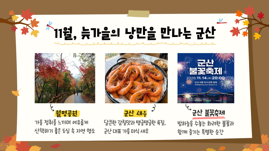 11월 늦가을의 낭만을 만나는 군산
월명공원:가을정취를 느끼며 여유롭게 산책하기 좋은 도심 속 자연명소
군산새우:달큰한 감칠맛과 탱글탱글한 육질, 군산 대표 가을 미식 새우
군산 불꽃축제: 밤하늘을 수놓은 화려한 불꽃과 함께 즐기는 특별한 순간